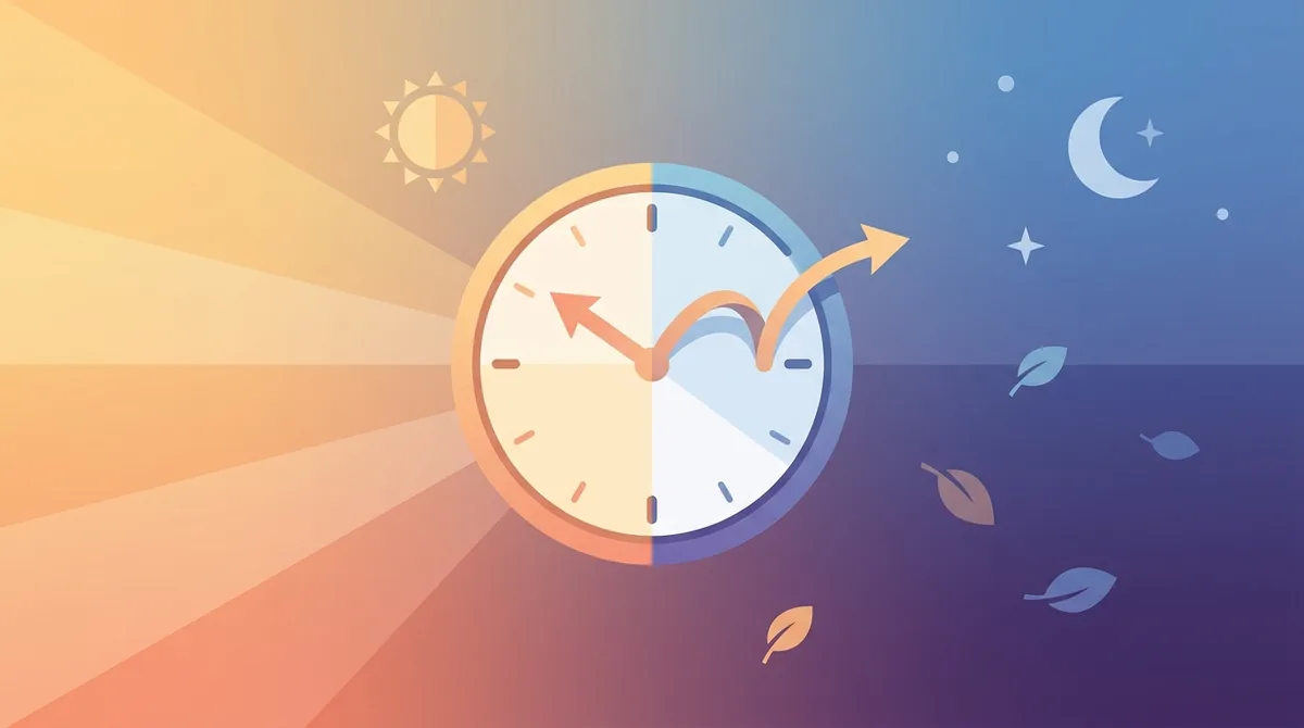 Een analoge klok waarvan de wijzers een uur vooruit worden gezet tegen een lentelucht bij zonsopgang, ter illustratie van zomertijd