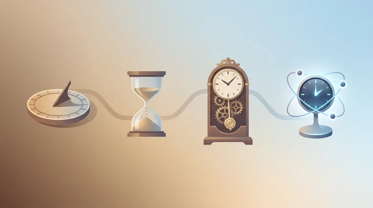 Een visuele tijdlijn van tijdmeetinstrumenten, van een oude Egyptische zonnewijzer en waterklok tot een slingerklok, een maritieme chronometer en een moderne atoomklok