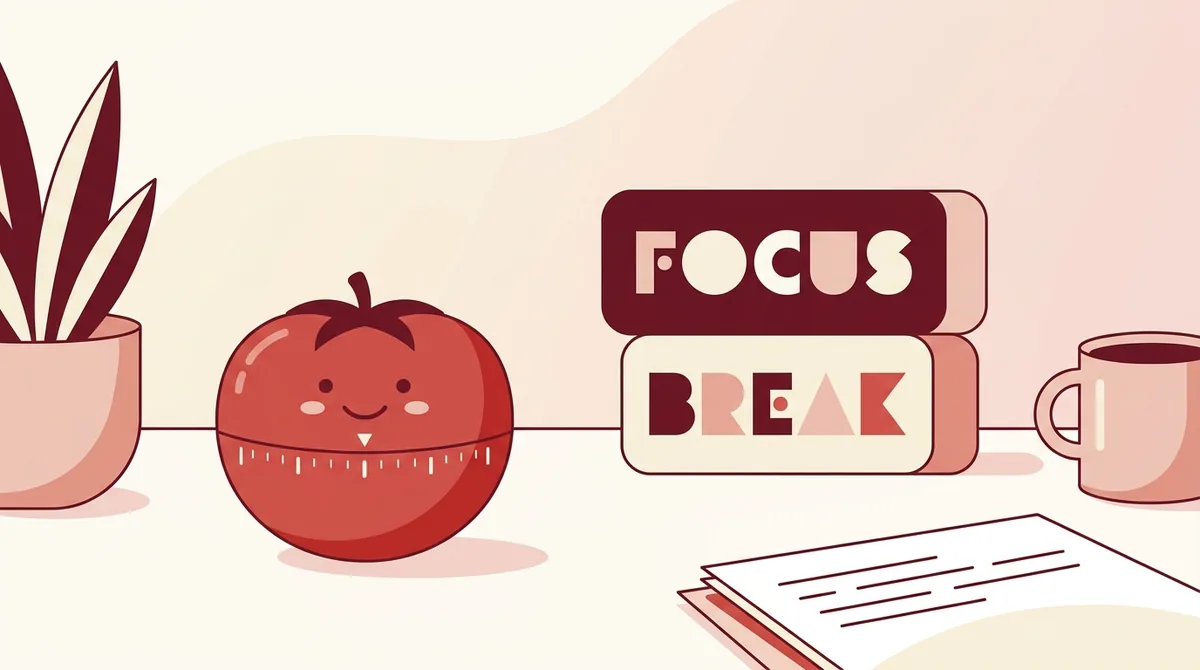 Een rode tomatenvormige keukentimer op een bureau naast een notitieboekje en pen, ingesteld op 25 minuten voor een gefocuste werksessie