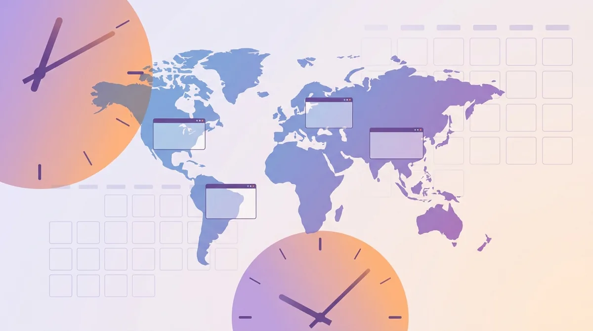 Een rij wandklokken met verschillende tijden voor Londen, New York en Mumbai boven een gedeelde vergaderkalender