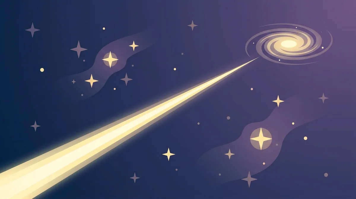 Een straal sterrenlicht die door de diepe ruimte naar een ver spiraalstelsel reikt, illustreert de enorme afstand die licht in één lichtjaar aflegt